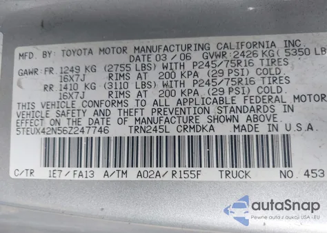2006 Toyota Tacoma from USA, damaged, VIN 5TEUX42N56Z247746